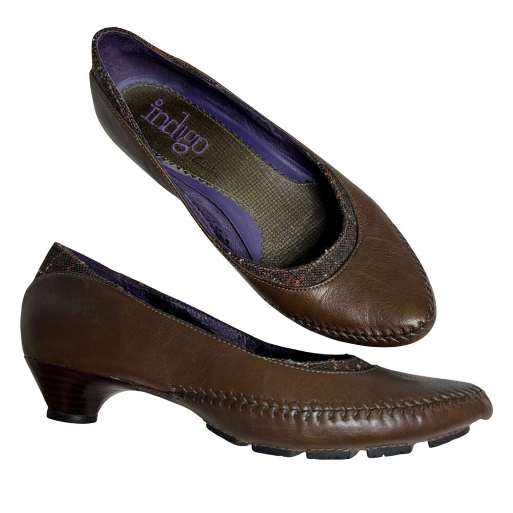 Clarks Indigo Brown Leather & Tweed Low Kitten Heels Artsy Fall Winter 6